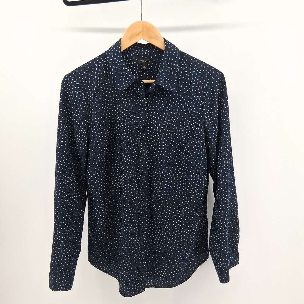 Talbots Womens Medium Button Down Long Sleeve Navy Blue‎ White Polka Dot Blouse